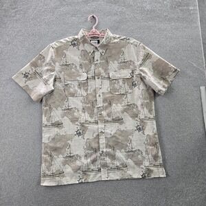 VINTAGE Chaps Men Button Up Shirt XL Beige Geometric Nautical Map Utilty Safari